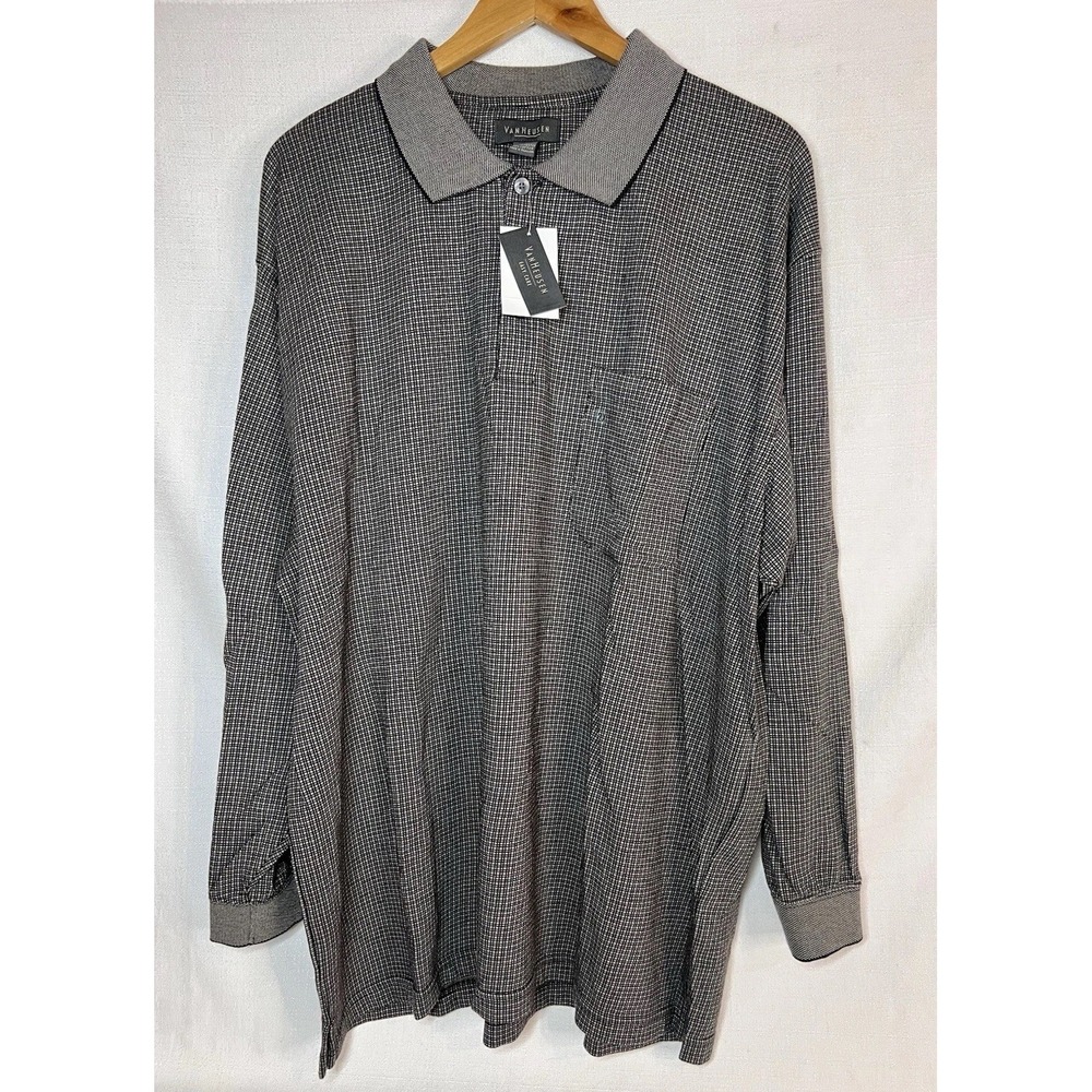 Mens Van Heusen Grey Black Checkered Pattern Long Sleeve Polo NWT Read!